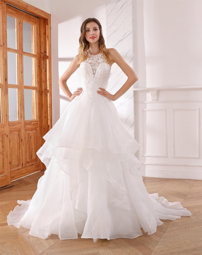 LW3170 Halter Neckline Ruffle Skirt Wedding Dress