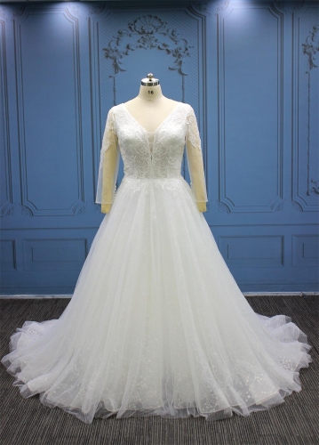 LW4164 Plus Size Long Sleeves Wedding Dress Shinny Tulle