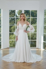 WT4360 2023 Leashion Chiffon Wedding Dress with Removable Train and Sleeves