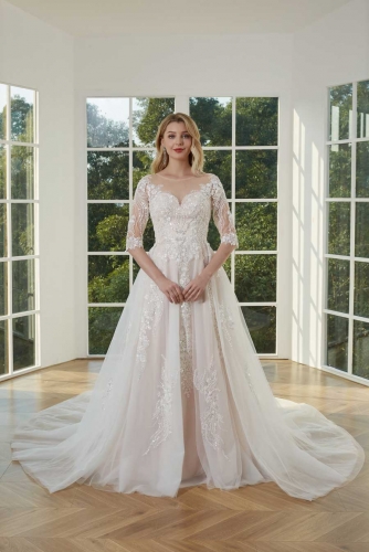 WT4297 2023 New Long Sleeves Wedding Dress Removable Skirt