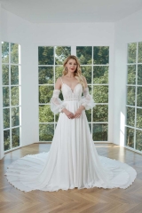 WT4360 2023 Leashion Chiffon Wedding Dress with Removable Train and Sleeves