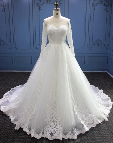 WT4188 Luxury long sleeves wedding dress, back button and lace up