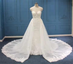 WT2376A Sweetheart mermaid dress with detachable lace train. top beading