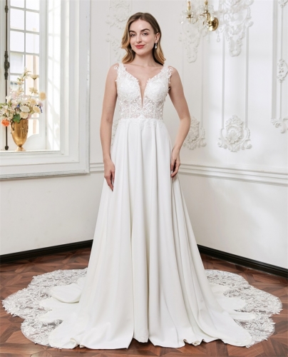 WT4837 Elegant Crepe dress with lovely lace train