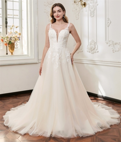 WT4889 2026 Lovely V neck beaded lace, light tulle Aline