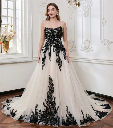 WT4882 Sparkle beaded black lace Illusion Aline dress